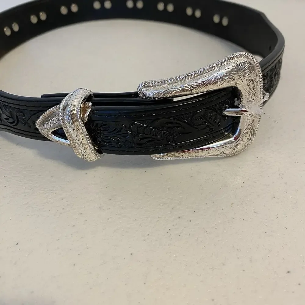 Ranger Belt Company Genuine Handtooled Leather Belt 26 WB341 Black Silver Accent